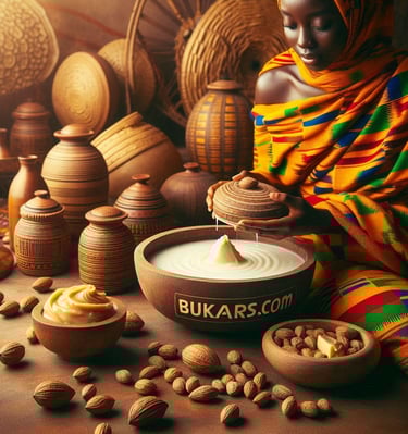 a woman in a colorful kente dress is holding a bowl of bukars shea butter