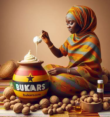 a woman in a colorful kente dress adding bukars shea butter to the calabash and a jar of butter