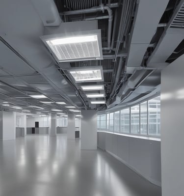 A modern interior with a sleek, glossy cabinet and a display of colorful samples on the wall. The setting is well-lit with natural light coming through a large window, and the decor is minimalistic and polished.