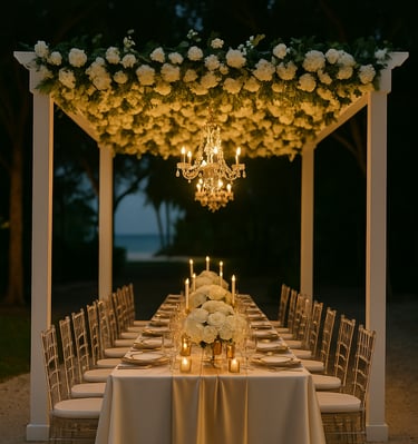 Elegant outdoor dining event under a pergola with luxury table settings, floral arrangements, and ambient lighting by Las Car