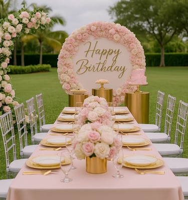 Luxury outdoor birthday party setup with elegant floral arrangements, gold and white decorations, and premium furniture by La