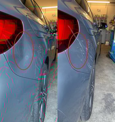 two cars with red circles on the rear end of the rear end of the car