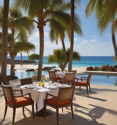 Romantic couple enjoying a sunset dinner on a private beach deck.