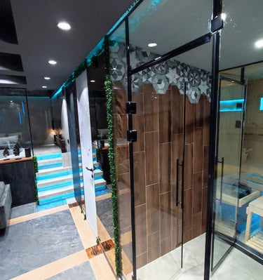 a bathroom with a glass shower and a couch