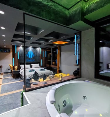 a bedroom with a large tub