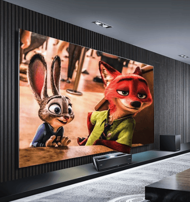 Modern home theater featuring a large custom projection screen displaying an animated movie.