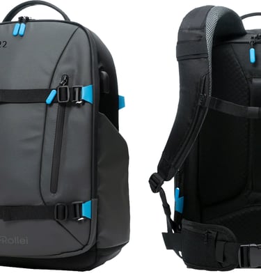 Front and back view of a grey and black backpack with blue accents, featuring a sleek design. 