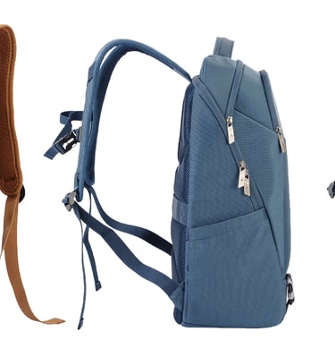 A trio of backpacks is shown. A tan and blue in color.
