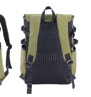 Olive green backpack shown from various angles. Features include adjustable straps, multiple pockets
