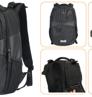 A sleek black backpack with multiple compartments and durable straps is displayed in five views. 