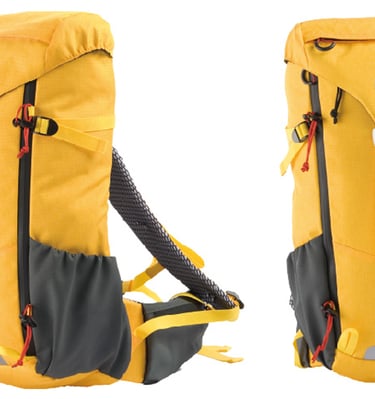 Yellow outdoor backpack with a grey base and red accents. 