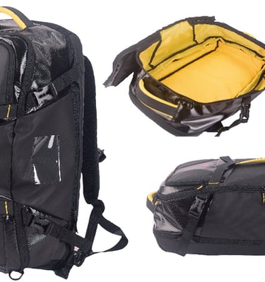 Black and gray travel convertible backpack with yellow accents.