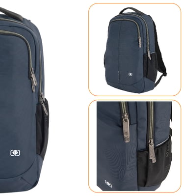 Navy blue backpack with multiple views; front, side, back, and open. 