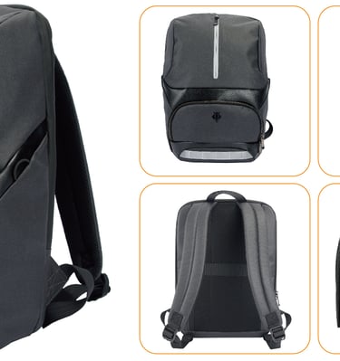 A sleek gray backpack with reflective strip, front zip pocket, and padded straps.