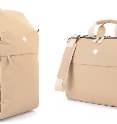 Tan backpack and slim briefcase, both with beige accents and dark zippers