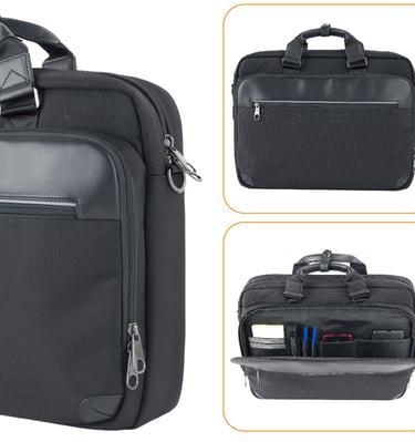Black laptop briefcase with multiple compartments shown in various angles.