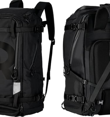 A camera backpacks are shown, one front-facing and the other side-facing.