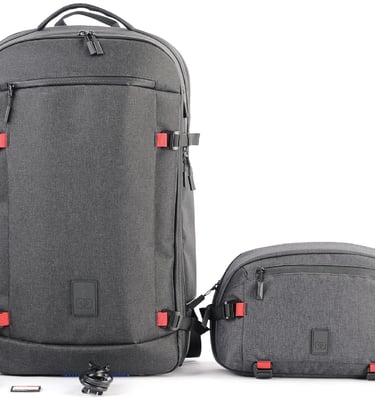 A photography gear set featuring a large dark gray backpack, a smaller matching bag.