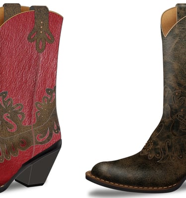 Two cowboy boots are shown: the left boot is red with brown detailing, and the right is an all brown