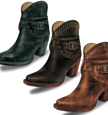 Three stylish, mid-heel ankle boots in teal, black, and brown.