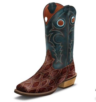 Three cowboy boots with unique designs on white background.