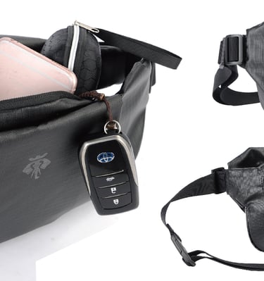A black crossbody bag is shown in three views, front back and open.