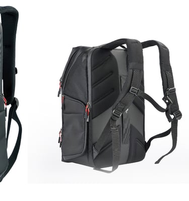A sleek black gaming backpack. It features red accents.