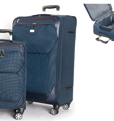 Three navy blue suitcases of varying sizes, each with multi-directional wheels and telescopic handle