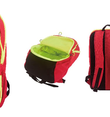 Red backpack with yellow accents shown from four angles: front, open top displaying green interior.