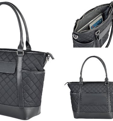 Quilted black laptop womens tote with leather accents and dual handles.