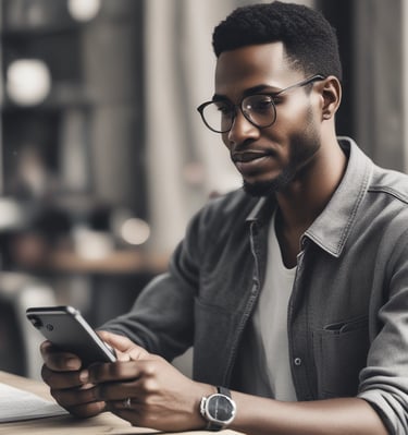 A hand holding a pen poised over a blank notebook on a wooden desk, with a large microphone in the foreground suggesting a recording or journal setup.