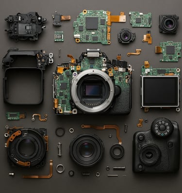 A disassembled camera on the work bench