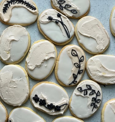 Chic wedding sugar cookies for guests to eat individually. Large quantities made for the event
