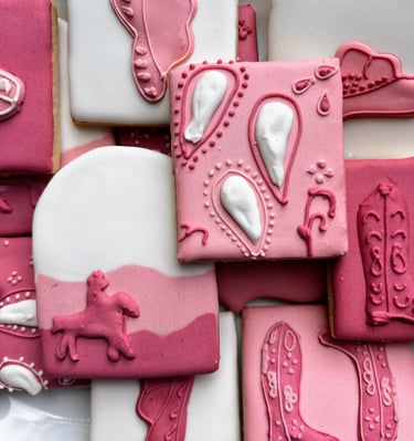 cowgirl cookies pink and western themed, lots of creative colors!