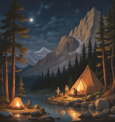 A peaceful campsite located in a dense forest has a yellow and blue tent set up on grassy ground alongside an SUV. A picnic table is nearby, with a person sitting at it, perhaps enjoying the natural surroundings. The area is surrounded by tall evergreen trees, and there's a fire pit made of stones.