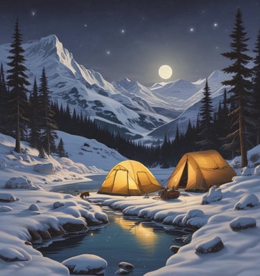 A camping scene set in a mountainous region with tall pine trees under a starry night sky. A white car is parked beside a pitched tent near a flowing stream. The mountains are illuminated, possibly by moonlight or early evening light, adding depth to the landscape.