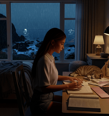 Ai avatar study with me. Rain sounds and ambience for studying.