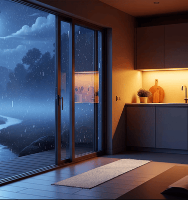 Foggy summer kitchen rain ambience. Cozy rain sounds for study, sleep and relaxing background.