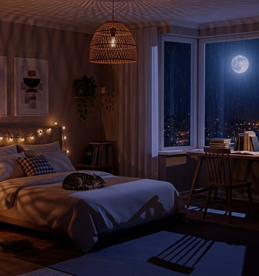 A cozy bedroom with rain ambience sounds. Study, relax and sleep aesthetic. 