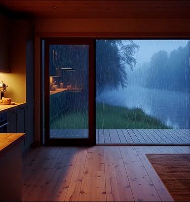 A cozy aesthetic kitchen with rain ambience sound on a summer night. Background for studying.