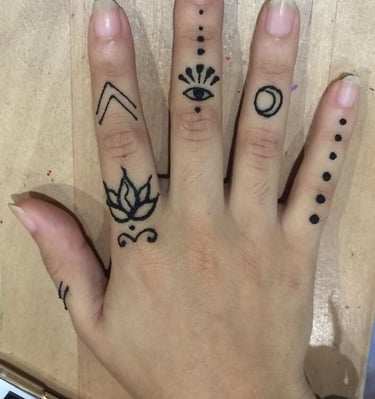 jagua tattoo symbols on hand: lotus flower, eye of horus, moon and sun