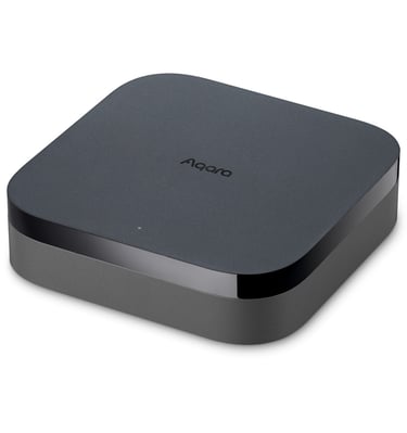 Aqara Hub M2 smart home bridge with Zigbee 3.0 and infrared control in a sleek black finish.