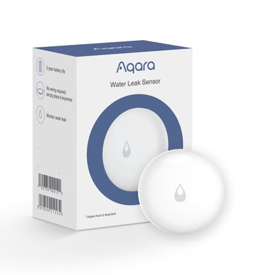 White Aqara water leak sensor with retail packaging for smart home flood detection.