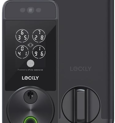 Lockly Visage smart lock featuring a digital keypad, fingerprint scanner, and secure keyhole.