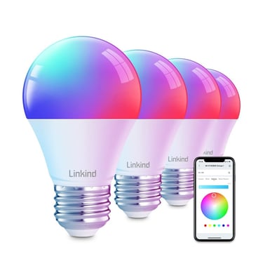 Linkind smart LED light bulbs with RGB color changing controlled by a mobile smartphone app.