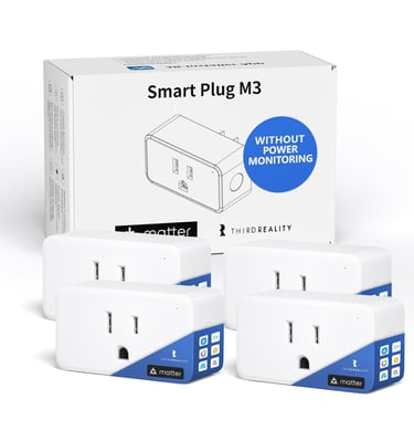 Third Reality Smart Plug M3 four-pack with Matter support for smart home automation without power monitoring.