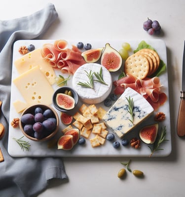 Charcuterie Board on Marble Cutting Board Styled with Fresh Ingredients