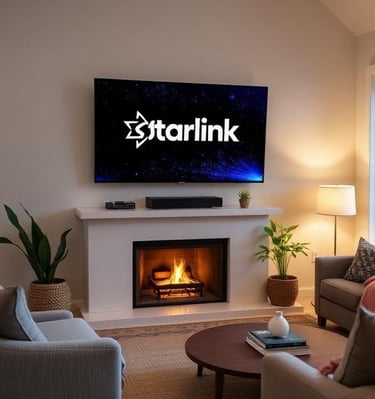 a living room with a television and a starlink tv
