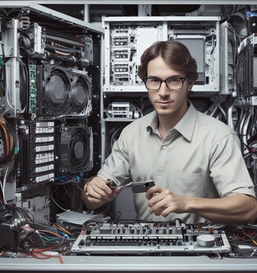 a man in a white shirt is working on a computer