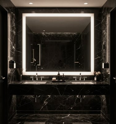 Miroir carré à éclairage LED pour salle de bain.